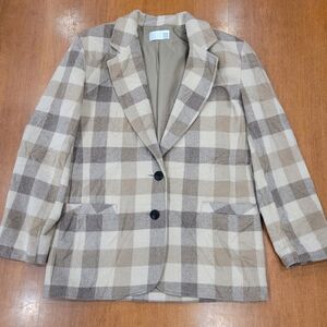 Vintage Wool Cleo Blazer Coat Womens 10 Tan Grey Plaid Acadamia Fall